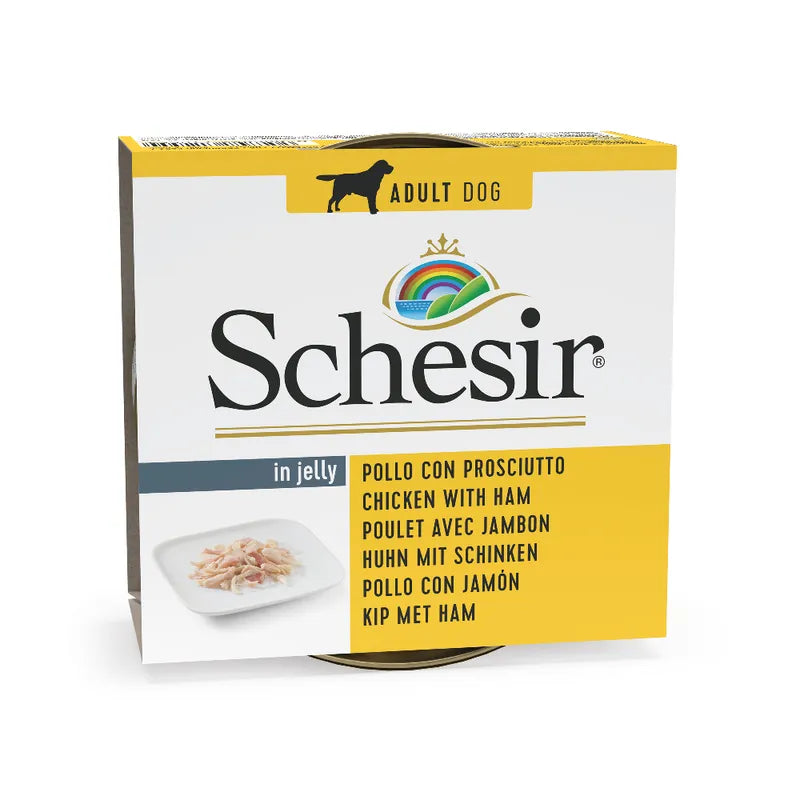 Schesir dog food packaging with chicken and ham flavor on a white background