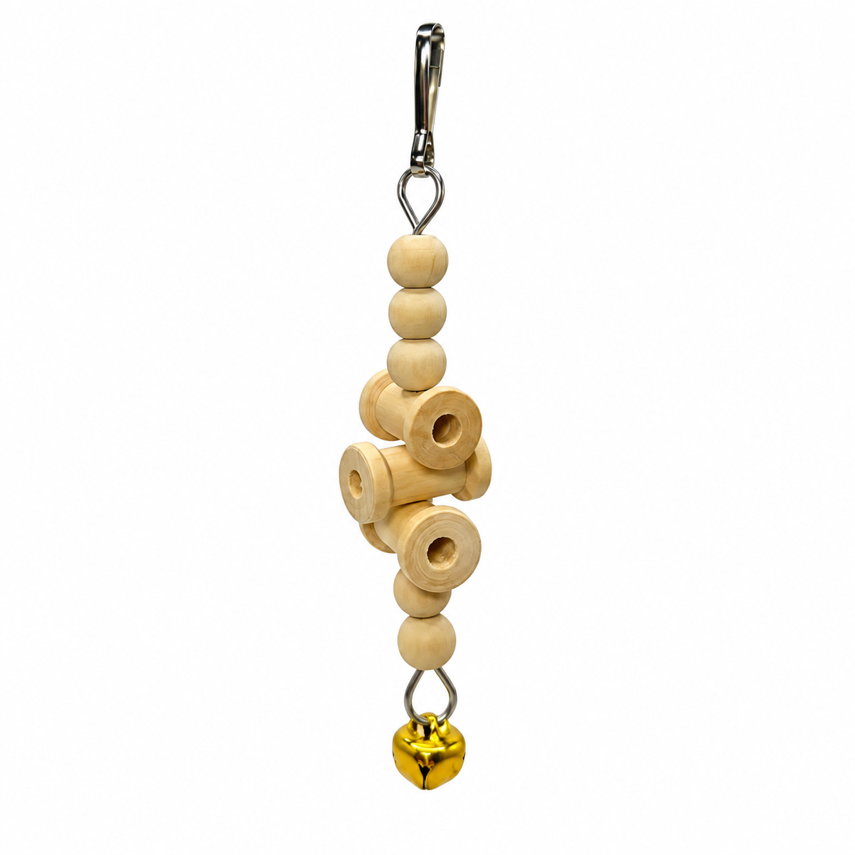 Natural Wood Hanging Parakeet Toy with Spools & Bell - 15 cm