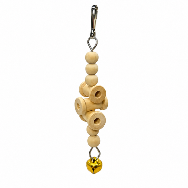 Natural Wood Hanging Parakeet Toy with Spools & Bell - 15 cm