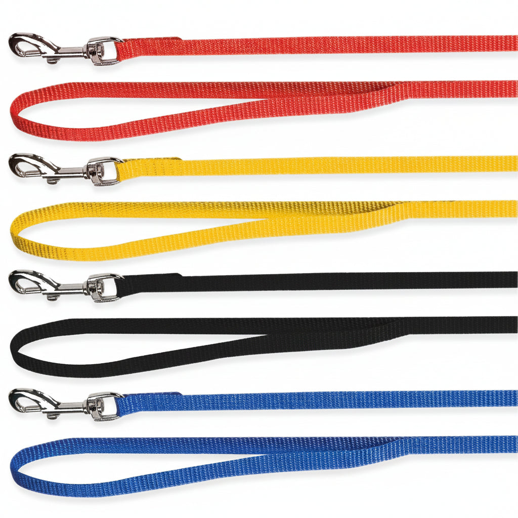 Karlie assorted nylon puppy leads in red, yellow, black and blue, 100 cm by 10 mm
