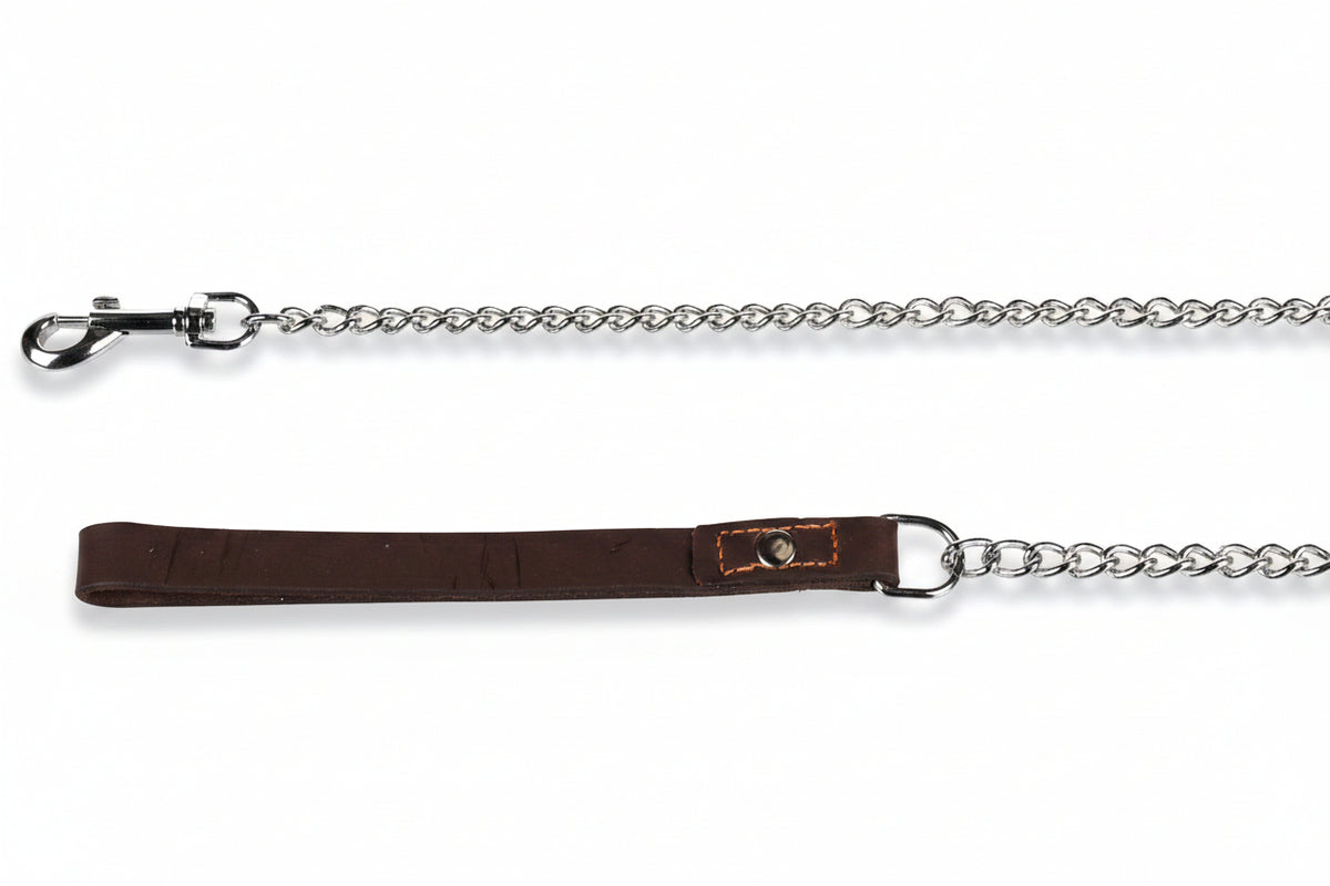 Flamingo Berno chrome chain dog leash with brown leather handle, 116 cm