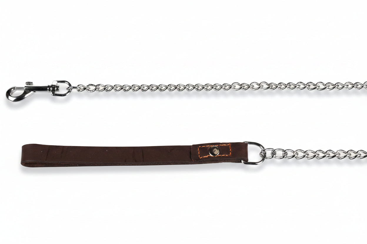 Flamingo Berno chrome chain dog leash with brown leather handle, 116 cm
