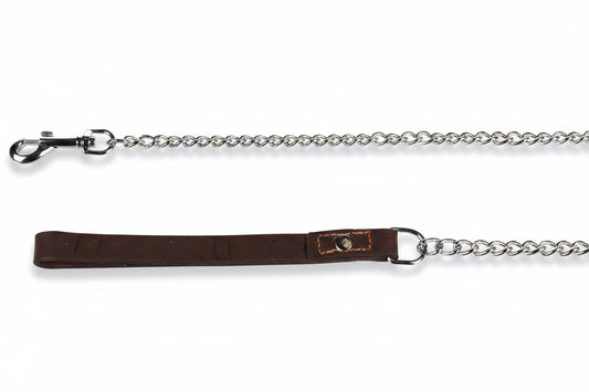 Flamingo Berno chrome chain dog leash with brown leather handle, 116 cm
