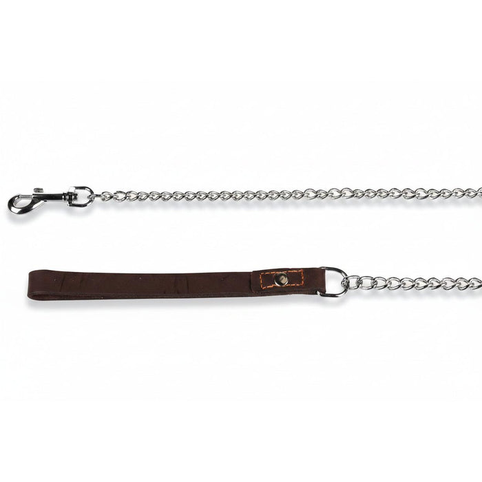 Flamingo Berno chrome chain dog leash with brown leather handle, 116 cm