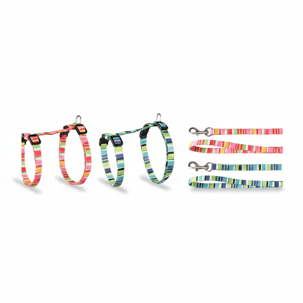 Flamingo Amira assorted striped adjustable cat harness and 100 cm leash sets