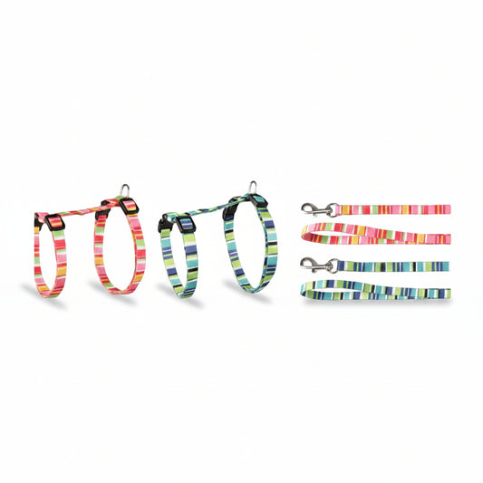 Flamingo Amira assorted striped adjustable cat harness and 100 cm leash sets