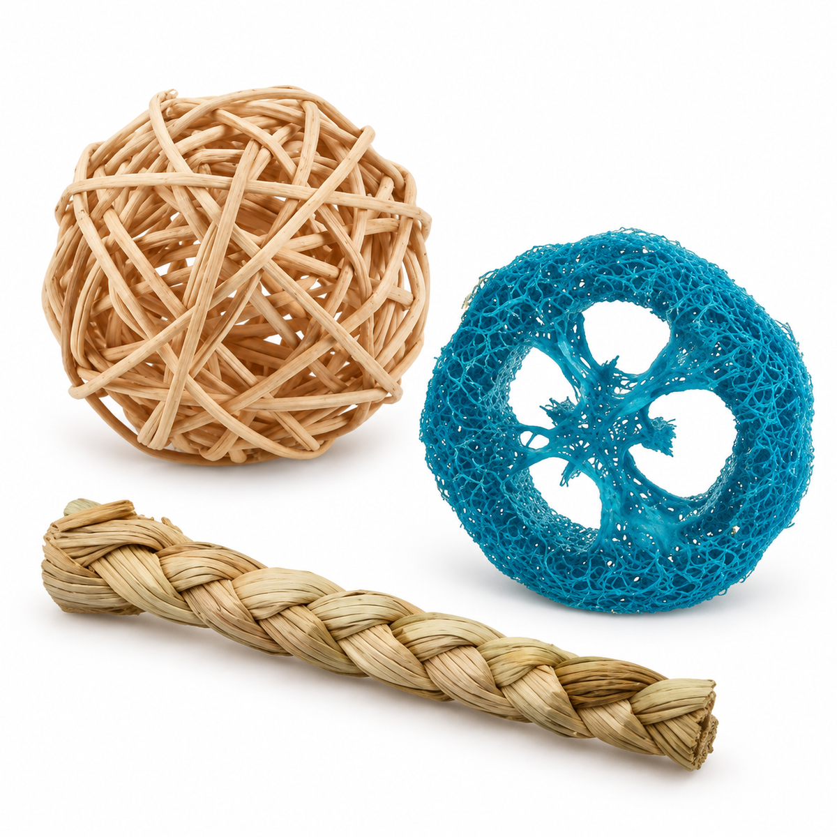 3-Piece Small Rodent Chew Set with 5 cm Ball, Braid & Loofah