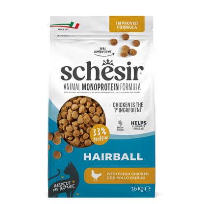 Schesir Hairball Chicken monoprotein dry cat food 1.5kg official product image 1