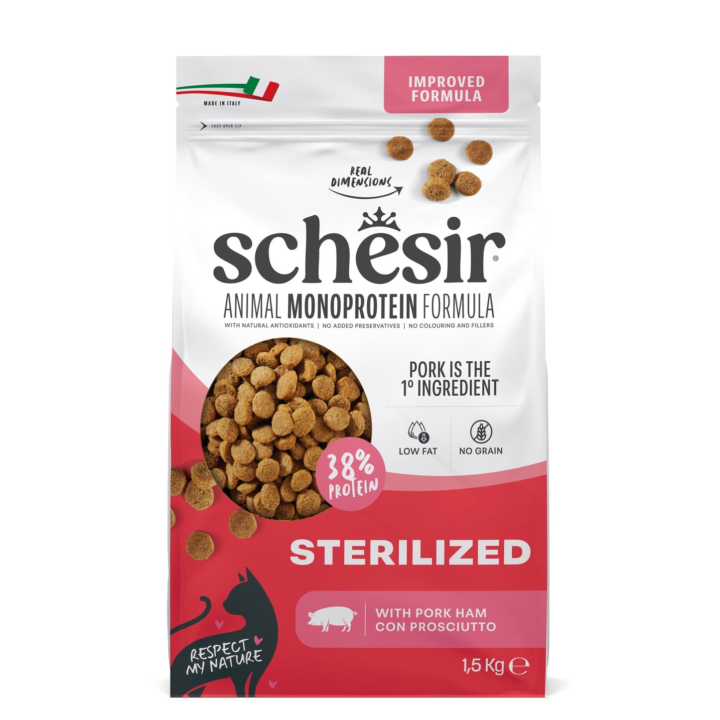 Schesir Sterilised Ham monoprotein dry cat food 1.5kg official product image 1