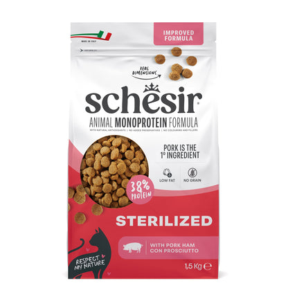 Schesir Sterilised Ham monoprotein dry cat food 1.5kg official product image 1