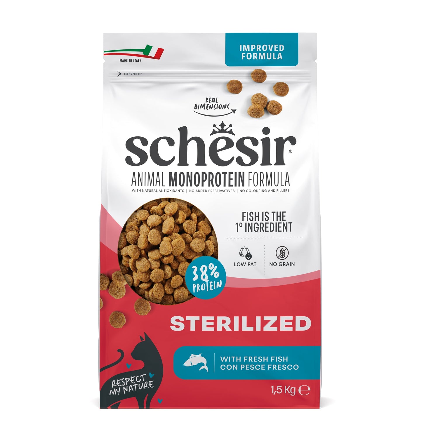Schesir Sterilised Fish monoprotein dry cat food 1.5kg official product image 1