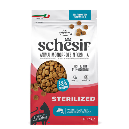 Schesir Sterilised Fish monoprotein dry cat food 1.5kg official product image 1