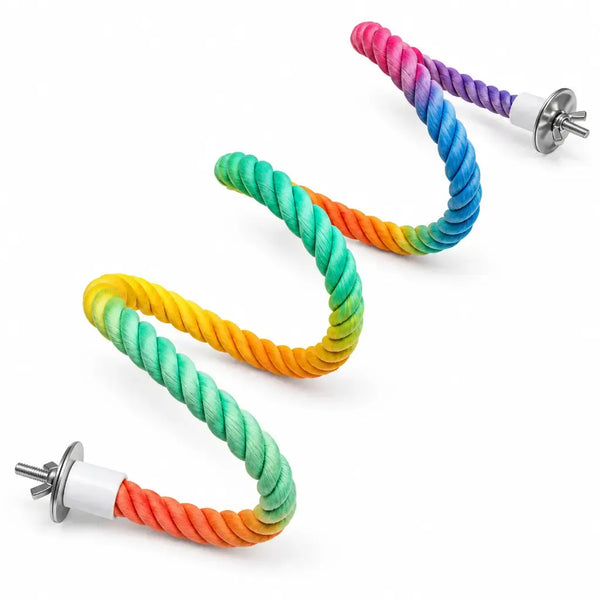 Flexible multicolour twisted rope bird perch 100cm with metal cage mounts at both ends