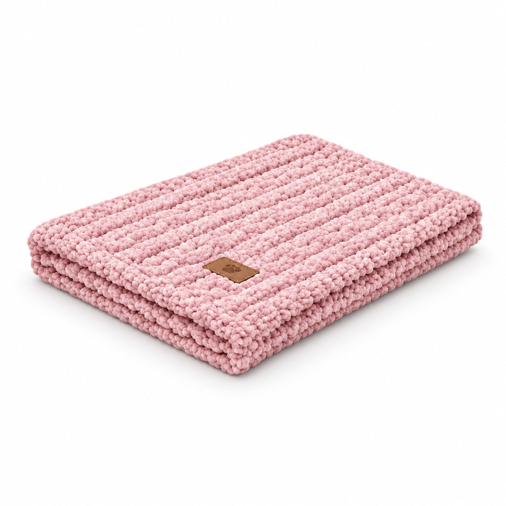 A folded pink chunky knit blanket with a small brown leather brand patch, shown on a solid white background.