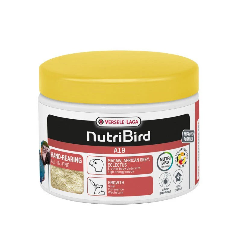 Nutribird bird food container with yellow lid on a white background