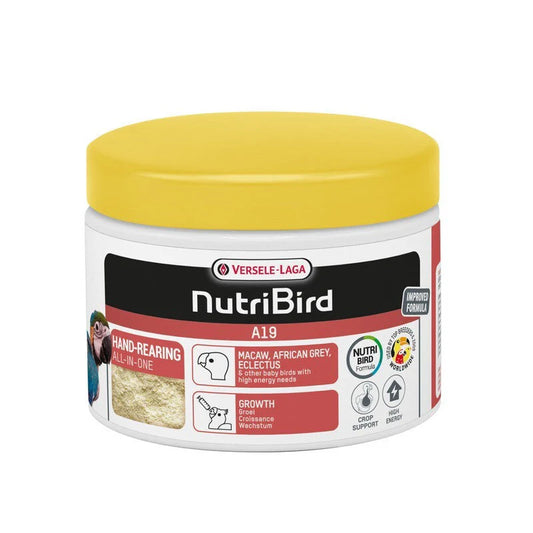 Nutribird bird food container with yellow lid on a white background