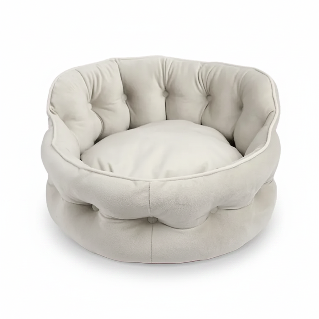A round tufted pet bed in a light beige or cream faux-leather fabric, featuring a high bolstered wall and a matching cushion inside, shown on a plain white background.