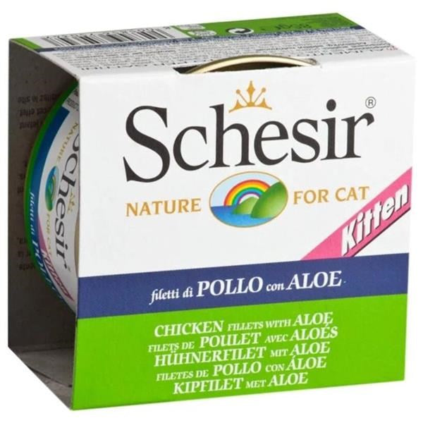 Schesir Nature for Cat Kitten Chicken Fillets with Aloe packaging, showing a white box with green, blue, and pink accents and a partially visible can of cat food inside.