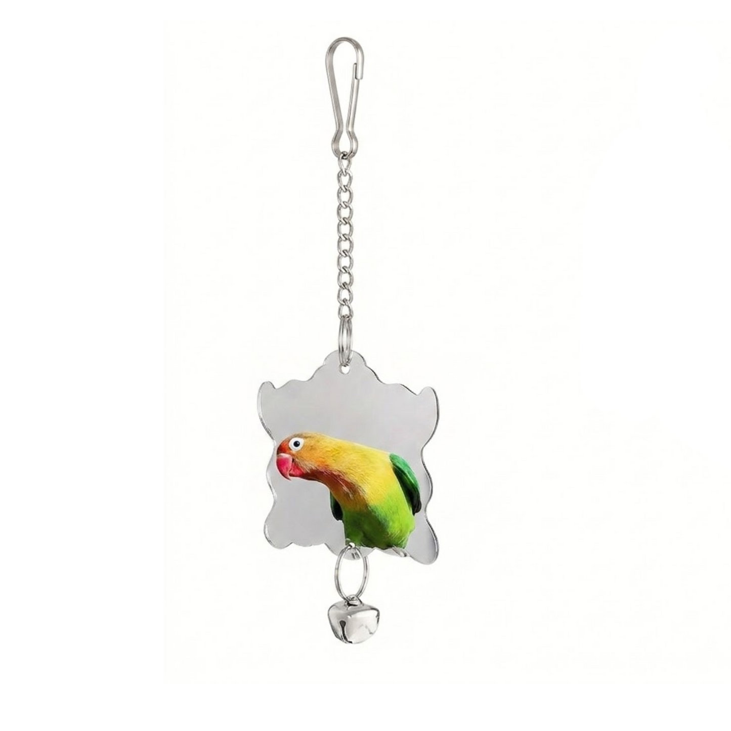 A pet hanging toy Mirror featuring a silver metal clip, chain, bell, and a silver cloud-shaped frame with a printed colorful lovebird parrot design.
