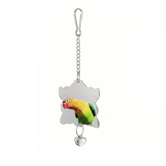 A pet hanging toy Mirror featuring a silver metal clip, chain, bell, and a silver cloud-shaped frame with a printed colorful lovebird parrot design.