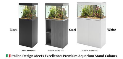 Three aquarium stands shown side by side on a white background, labeled Black, Steel, and White, with fish tanks mounted on each stand. Text at the bottom reads 'Italian Design Meets Excellence: Premium Aquarium Stand Colours' with model names OPERA STAND 80, OPERA STAND 110, and OPERA STAND 150.