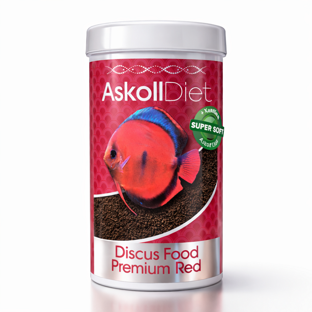 A cylindrical container of Askoll Diet Discus Food Premium Red fish food, featuring a red and blue discus fish graphic on a red patterned label with a white lid, set against a plain white background.