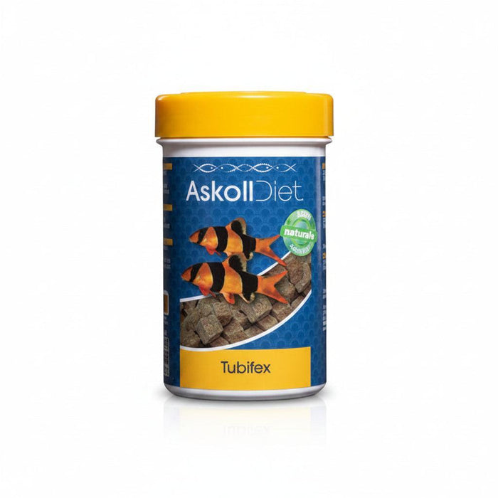 A bottle of Askoll Diet Tubifex live food for aquarium fish, featuring a blue label with an image of two orange and black striped tubifex worms, a yellow cap, and a white base, set against a plain white background.