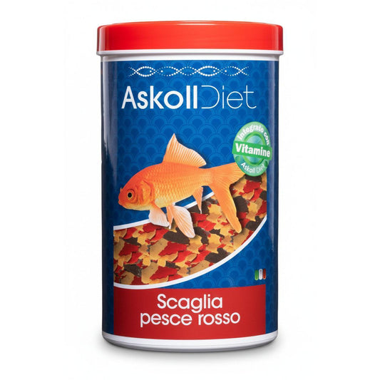 A cylindrical container of Askoll Diet fish food for red-skinned fish, featuring a blue label with an orange goldfish illustration and a red lid, on a plain white background.