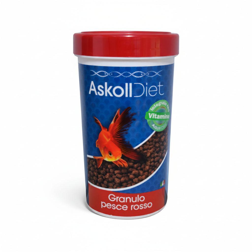 A cylindrical plastic container of Askoll Diet fish food with a red lid, featuring a blue label with a goldfish graphic and brown kibble visible through a window, on a white background.