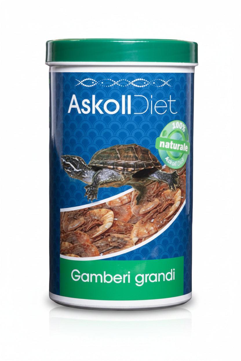 A cylindrical container of Askoll Diet 'Gamberi grandi' turtle food, featuring a blue label with a green lid and a picture of a turtle.