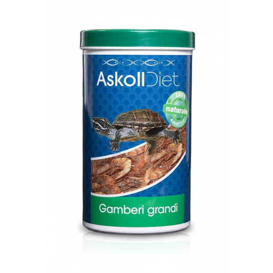 A cylindrical container of Askoll Diet 'Gamberi grandi' turtle food, featuring a blue label with a green lid and a picture of a turtle.