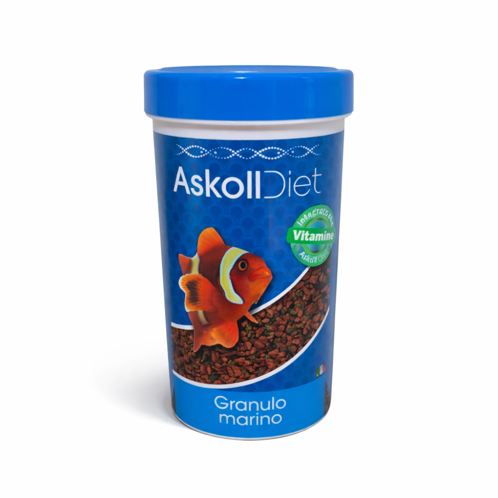 Askoll Diet Granulo Marino fish food container, featuring a blue label with a clownfish illustration and brown granular food visible through a window, topped with a blue lid.