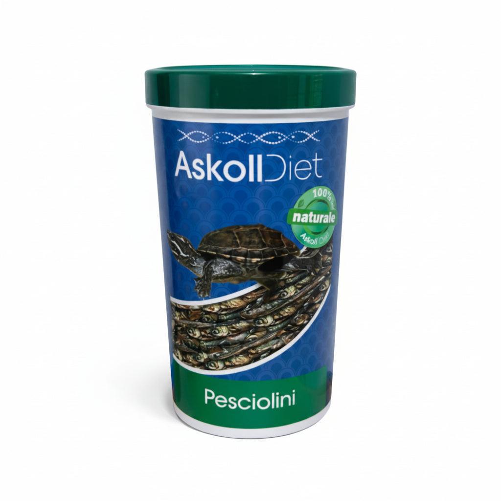 A cylindrical plastic container of Askoll Diet natural food for pond turtles, featuring a blue label with a green lid and a photo of a turtle and fish on a white background.