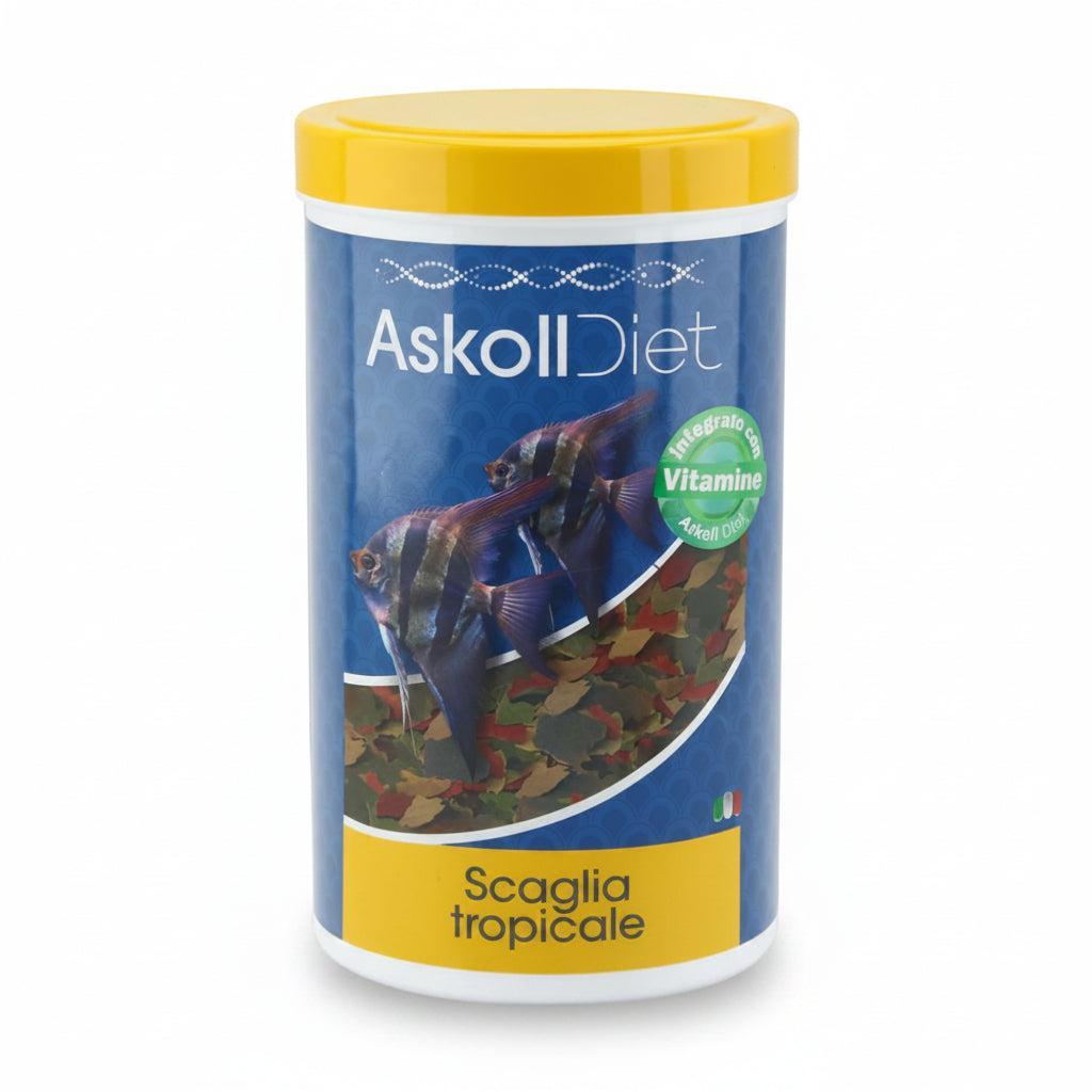 Askoll Diet Scaglia Tropicale fish food container with a yellow lid and blue label, featuring tropical fish illustrations.
