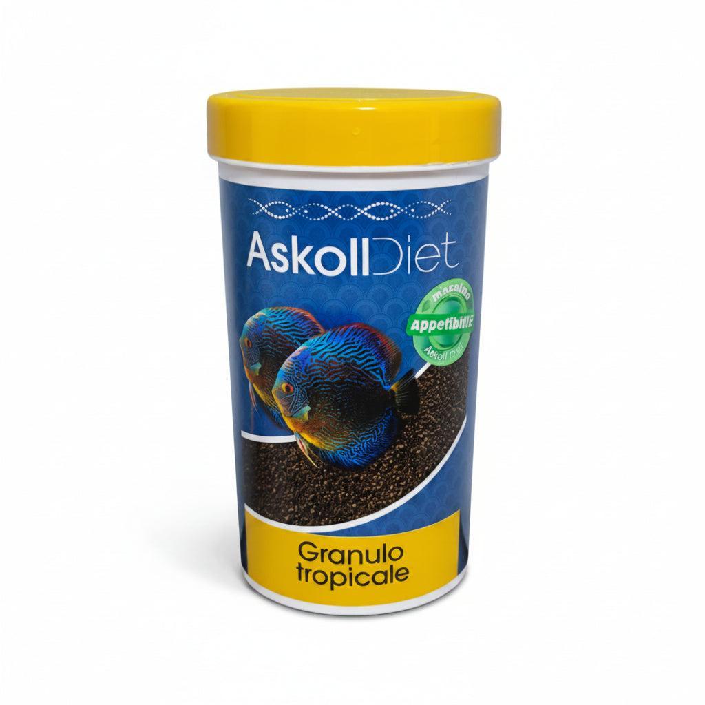 A cylindrical container of Askoll Diet tropical fish food, featuring a bright yellow lid, a blue label with images of blue and orange discus fish, and a yellow bottom section labeled 'Granulo tropicale'.
