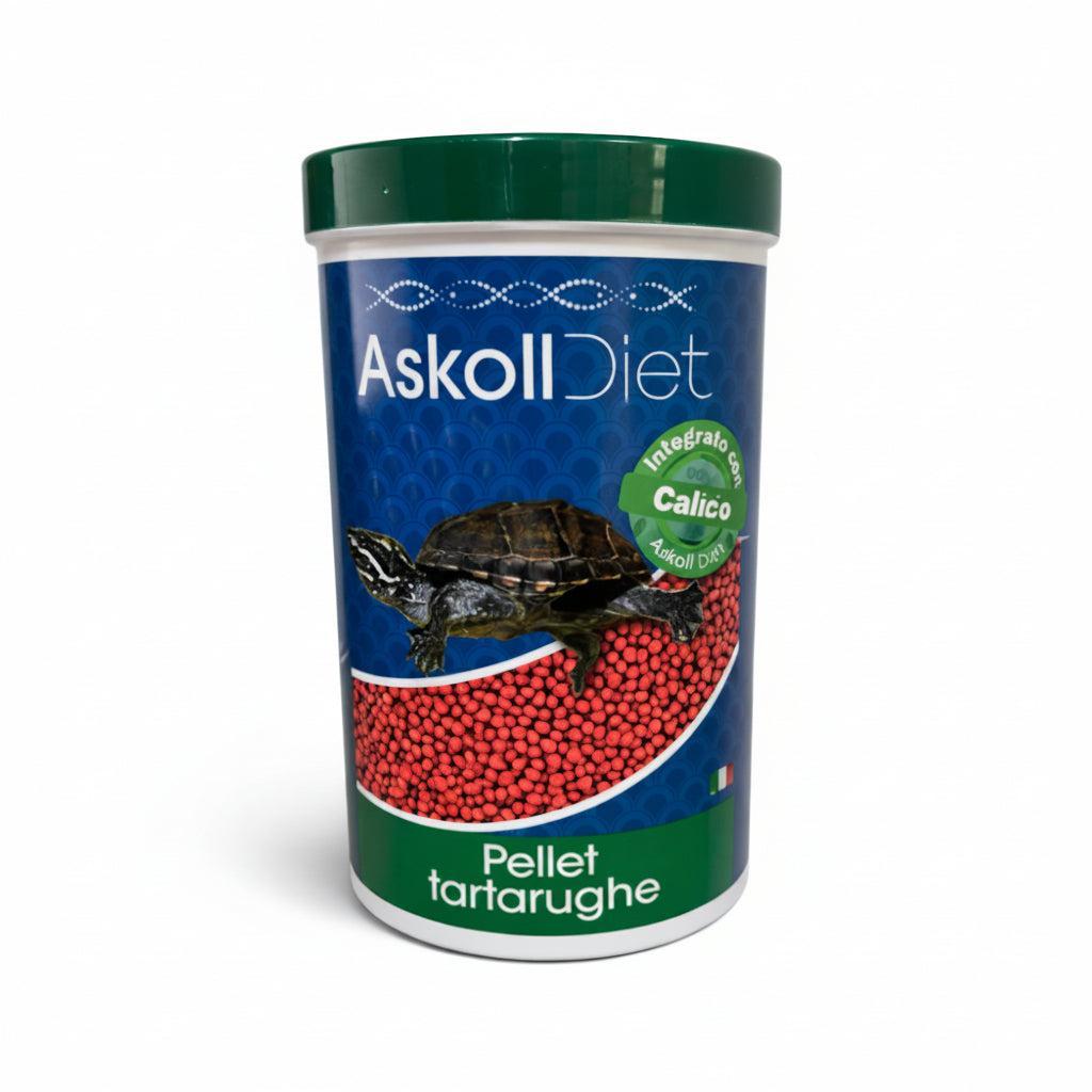 A container of Askoll Diet turtle pellets, featuring a blue label with a green lid and a picture of a turtle, on a white background.