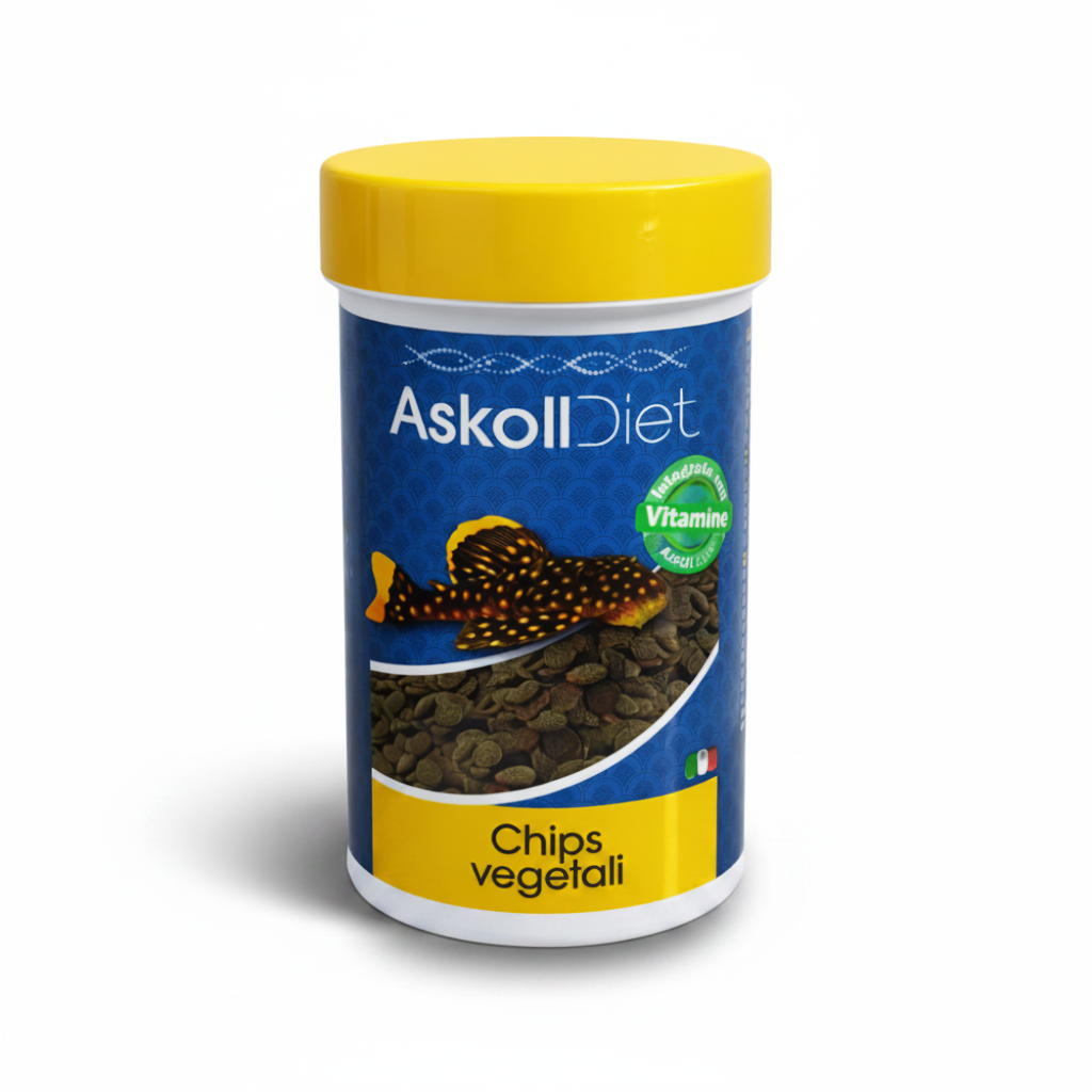 Askoll Diet Chips vegetali fish food in a white plastic jar with a bright yellow lid and a blue label featuring a fish graphic.