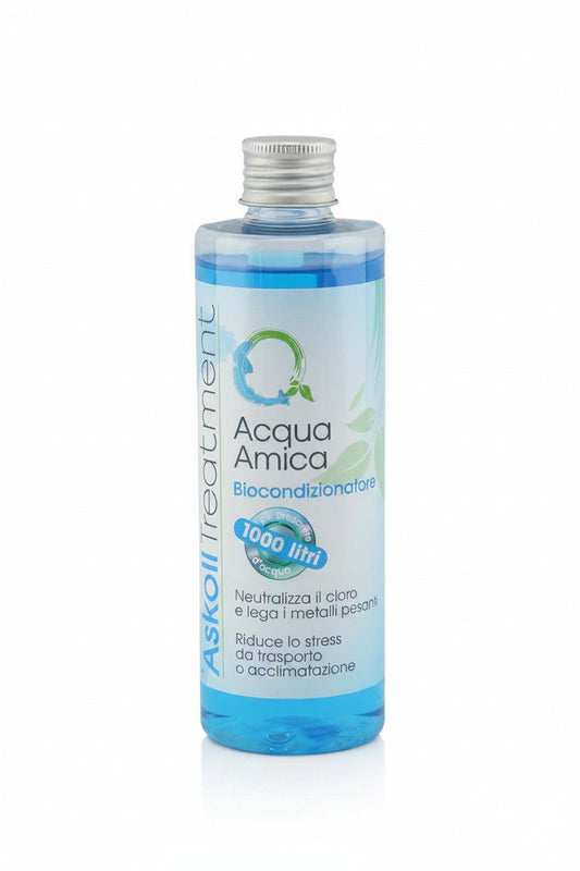 A bottle of Acqua Amica Biocondizionatore by Asko Treatment, featuring a clear plastic bottle filled with light blue liquid, a silver screw cap, and a white label with blue and green accents.