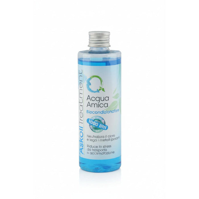 A bottle of Acqua Amica Biocondizionatore by Asko Treatment, featuring a clear plastic bottle filled with light blue liquid, a silver screw cap, and a white label with blue and green accents.