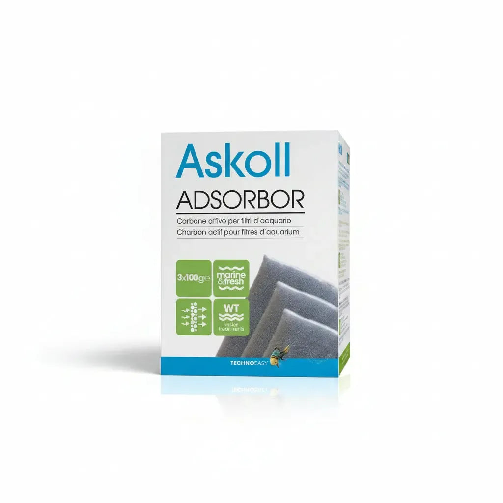 A box of Askoll Adsorbor activated carbon for aquarium filters, featuring a white and blue design with green accents and a photo of the dark gray carbon blocks.