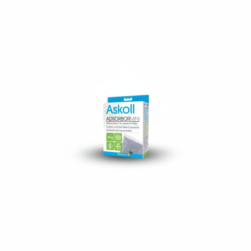 A boxed product labeled Askoll Adsorbilin, shown upright on a plain white background. The package is mostly white with blue bands at the top and bottom and green informational panels on the front.