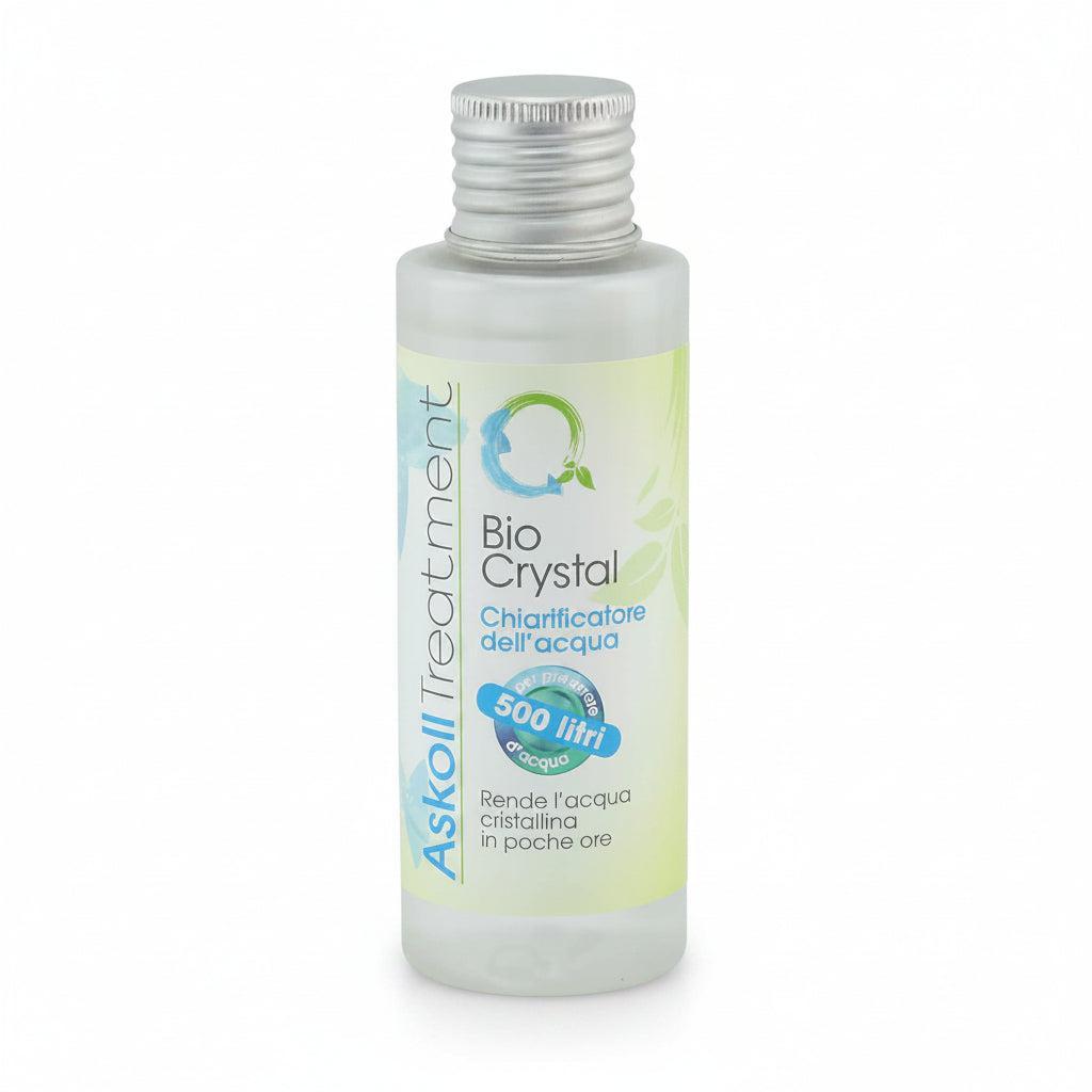 A bottle of Askoll Treatment Bio Crystal water purifier with a silver screw cap and a white and light green label, shown on a plain white background.