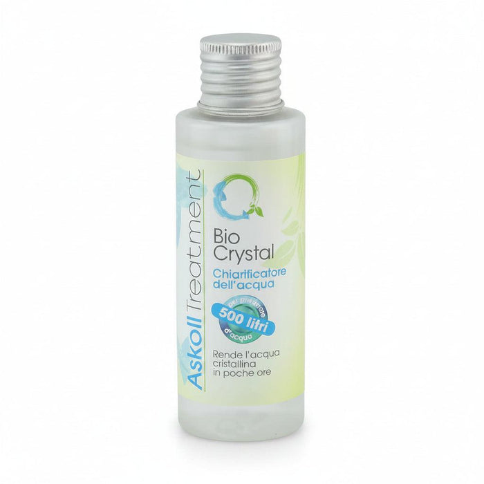 A bottle of Askoll Treatment Bio Crystal water purifier with a silver screw cap and a white and light green label, shown on a plain white background.