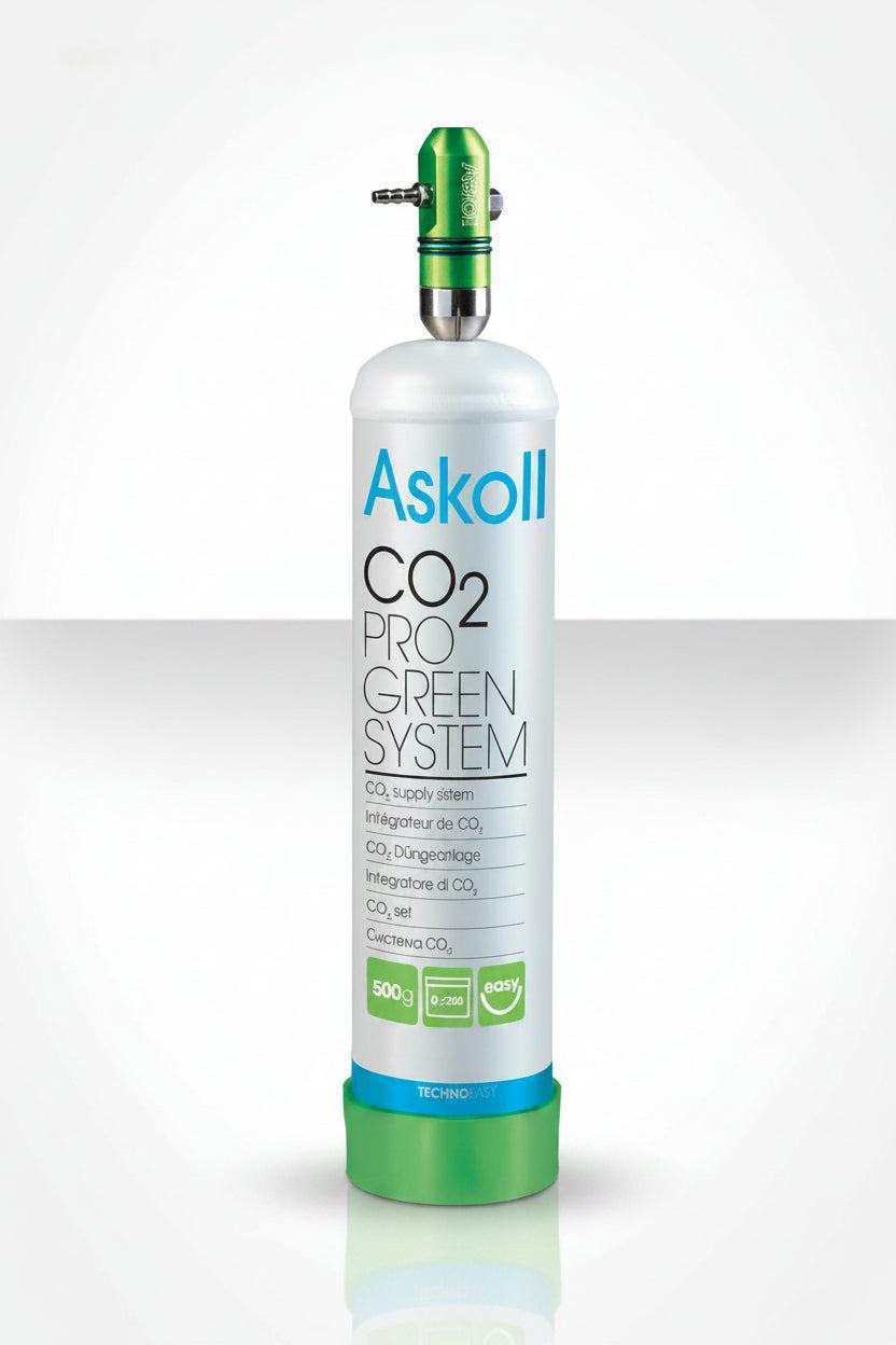 Askoll CO2 Pro Green System indoor plant grower's supply bottle with a white body, green top and base, and blue text on a light gray background.