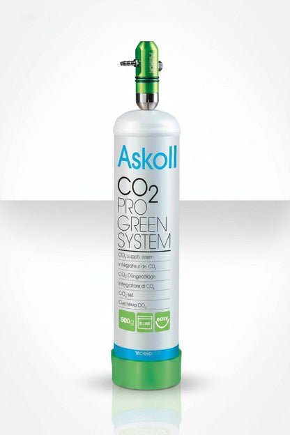 Askoll CO2 Pro Green System indoor plant grower's supply bottle with a white body, green top and base, and blue text on a light gray background.