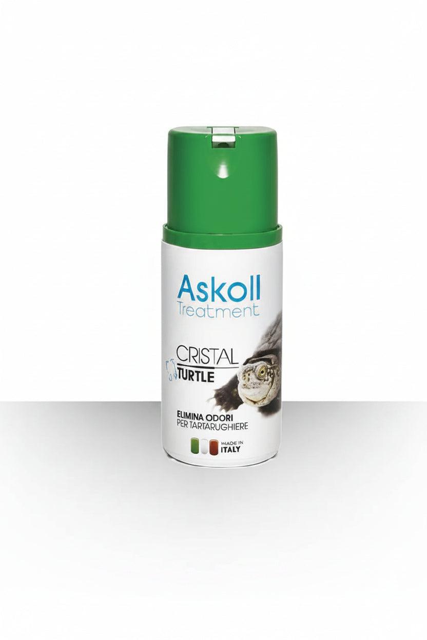 A cylindrical canister of Askoll Treatment Crystal Turtle, featuring a green cap and a white body with blue and black text, set against a plain white background.