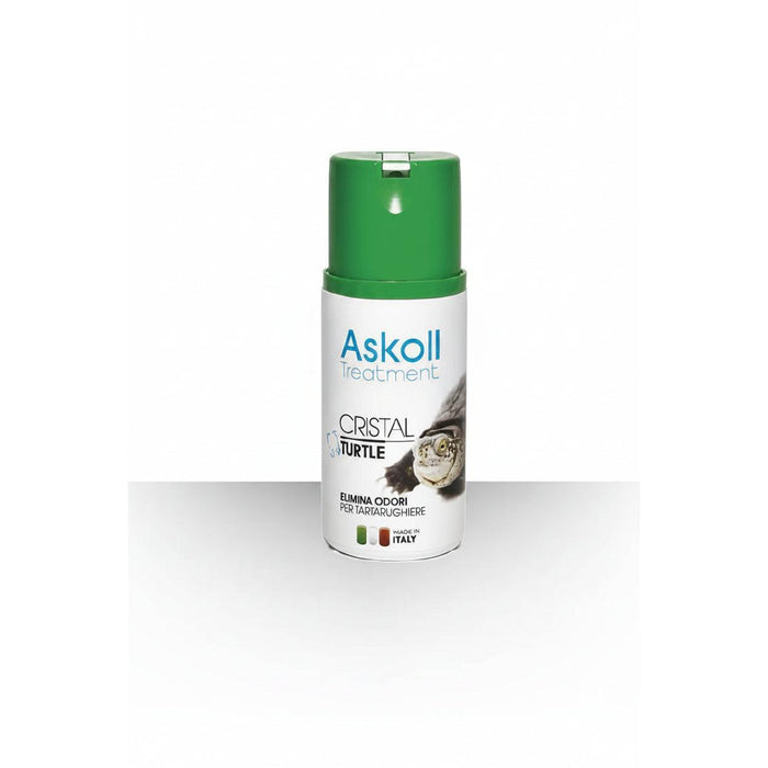 A cylindrical canister of Askoll Treatment Crystal Turtle, featuring a green cap and a white body with blue and black text, set against a plain white background.