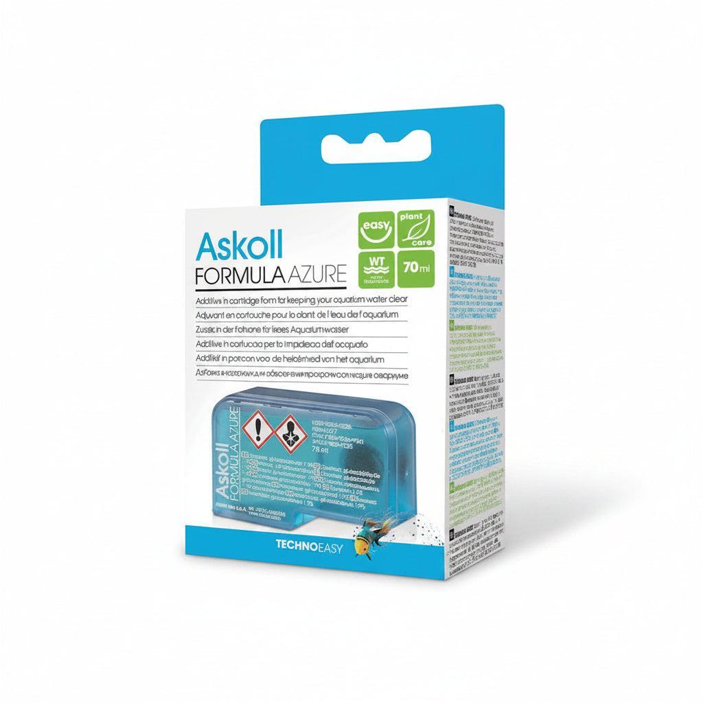 Askoll Formula Azure 100ml aquarium anti algae cartridge in its original retail packaging, featuring a blue and white box with product details and a clear window showing the blue plastic container inside.