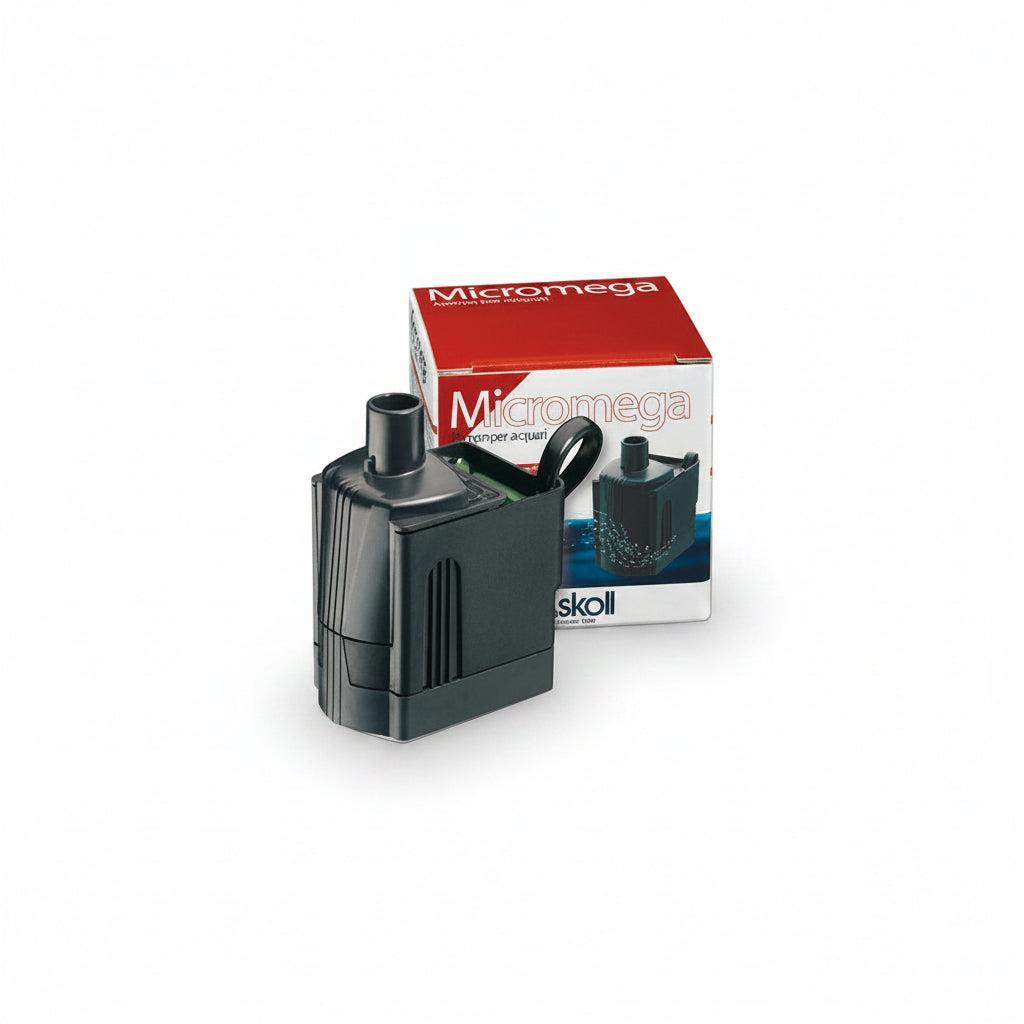 Black Micromega Askoll pump with packaging on a white background