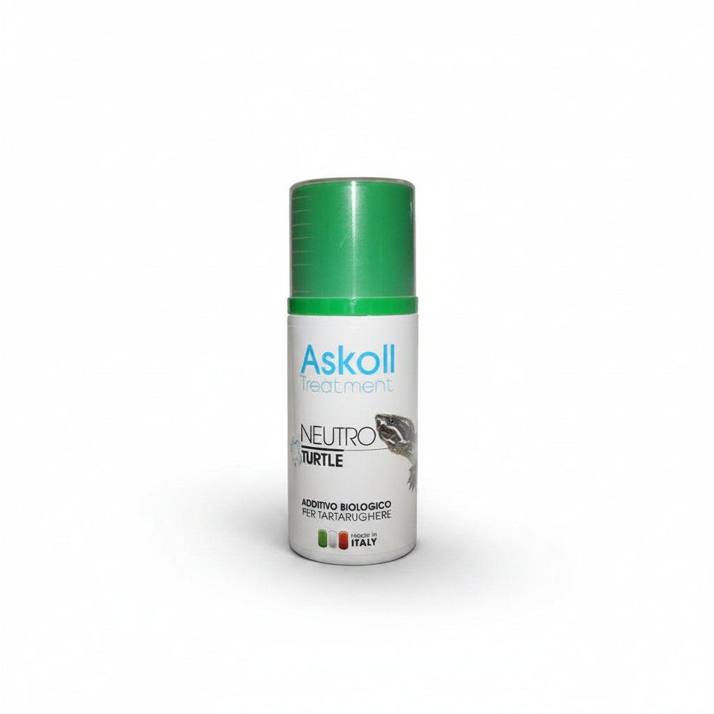 A bottle of Askoll Neutro Turtle treatment with a green cap and a white label, shown against a plain white background.